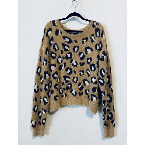 Express Sweater Womens XL Cheetah Print Crew Neck Pullover Fuzzy Soft Boho - Picture 2 of 7
